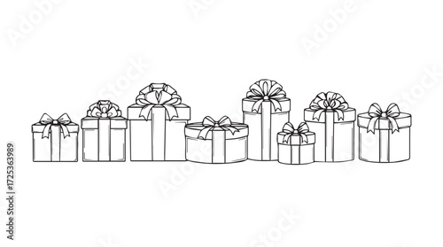 Hand drawn sketch style gift boxes with ribbons and bows festive celebration presents array vector