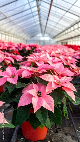 Pink poinsettias in a greenhouse