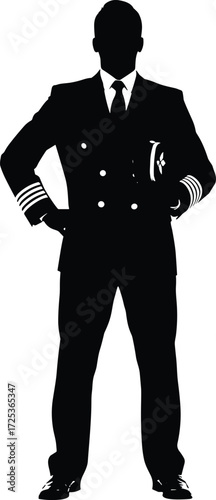 Silhouette airline pilot in uniform, aviation captain vector illustration, professional flight crew artwork, aviation authority concept, commercial airline design, aviation service graphic