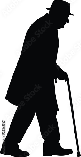 Silhouette elderly person walking cane, senior figure, aging lifestyle, mobility support, minimalist vector illustration, black silhouette design, old age concept, stock art