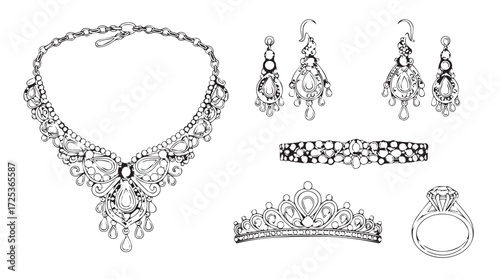 Elegant diamond and pearl bridal jewelry set with tiara necklace earrings bracelet and ring vector