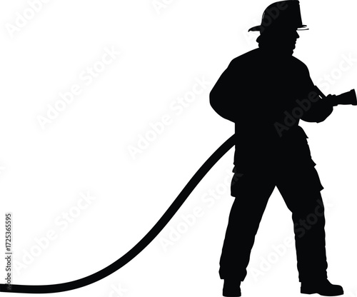 Silhouette firefighter holding hose, emergency response, public safety, brave fireman figure, minimalist vector illustration, black silhouette design, rescue concept, firefighting art, stock image