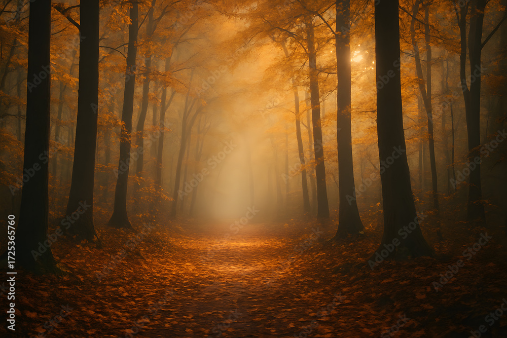 Fototapeta premium Golden whispers of autumn guiding your steps through the forest