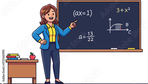 Cartoon teacher character illustration, classroom chalkboard with math equations and graph, pointing professor, educational vector art, school learning, academic concept, stock design
