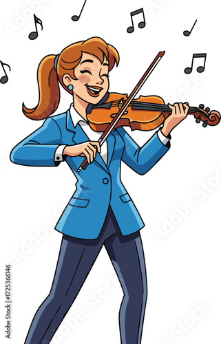 Cartoon violinist character illustration, musician playing violin in blue blazer, smiling performer with ponytail, music notes, vector art, stock design, entertainment concept