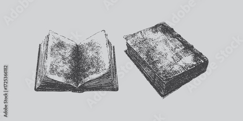 Opened book, collage component featuring an old-fashioned stipple photocopy effect. Book, antique stipple photocopy effect collage element, with retro grainy texture y2k collage design