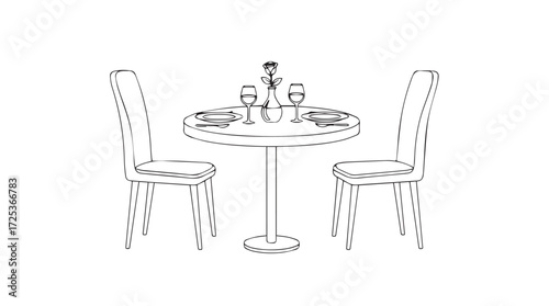 Elegant two-seater dining table with chairs and wine glasses ideal for romantic dinners vector