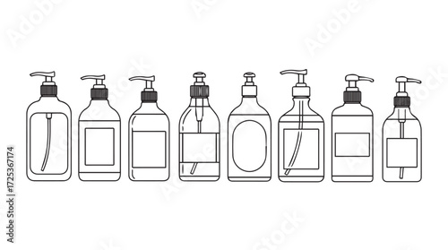 Hand drawn outline collection of various pump bottles and dispensers for liquids vector