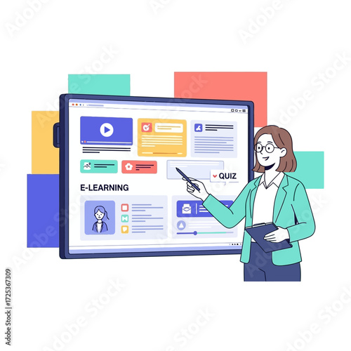Female instructor guiding users through a dynamic e-learning platform displayed on a large digital tablet, emphasizing modern educational technology and remote learning solutions