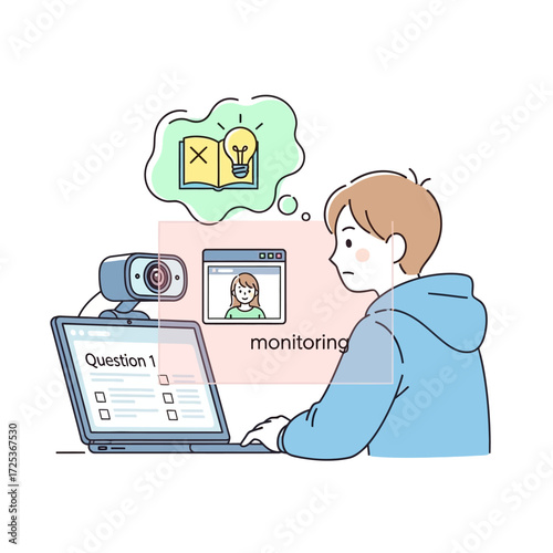 Illustration of a male student taking a remotely proctored online exam, highlighting the concept of digital surveillance in e-learning