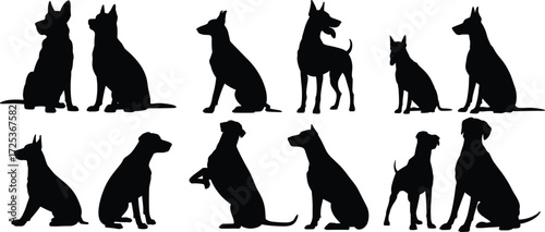 Dog silhouettes, canine shapes, pet outlines, domestic animals, puppy poses, breed icons, loyal companion, playful dogs, animal design, vector illustration