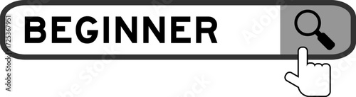 Search banner in word beginner with hand over magnifier icon on white background