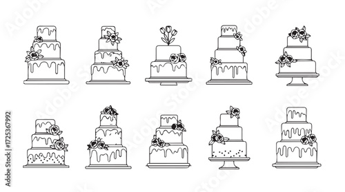 Elegant wedding cakes hand drawn line art collection featuring multiple tiers and floral decorations vector