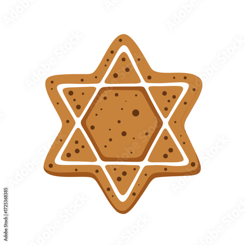 Star of David cookie in brown color with decorative icing on isolated white background  