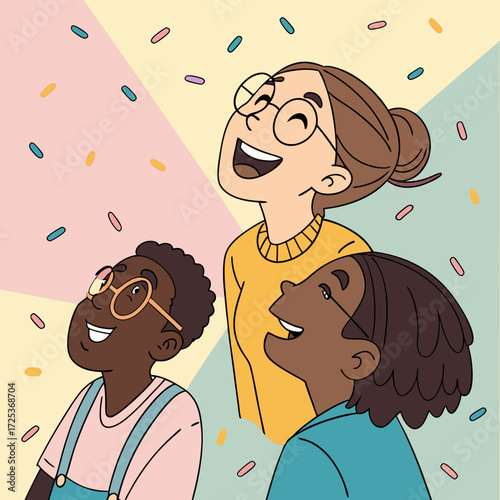 Diverse group enjoying a vibrant celebration with falling confetti, perfect for youthful energy, friendship, and cheerful moments, originally a scalable graphic