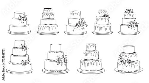 Collection of hand drawn decorative wedding cakes in various elegant styles and tiers vector