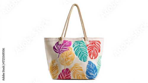Natural cotton beach bag with colorful print isolated on white background, summer accessory