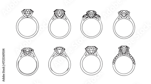 Collection of elegant diamond engagement rings various styles detailed sketch representation vector