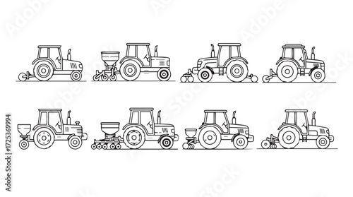 Set of agricultural tractors with implements diverse farming machinery collection vector