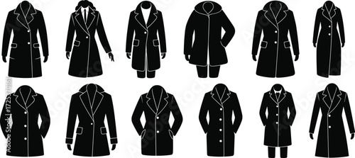 Coat silhouette collection, fashion outerwear vector, clothing design icons, winter coat clipart, stylish jacket illustration, apparel pattern elements, trendy coat design set