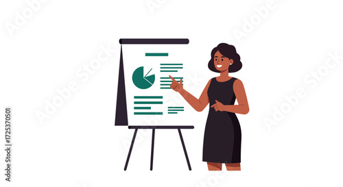 Confident businesswoman presenting financial data and strategic plans using a flip chart during a company meeting