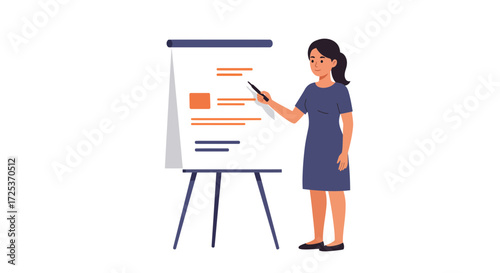 Confident businesswoman presenting data on a flip chart, using a pointer during a business presentation, modern design style