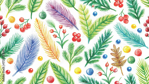 Seamless pattern, childlike doodle watercolor style, messy green scribble pine leaves  background 