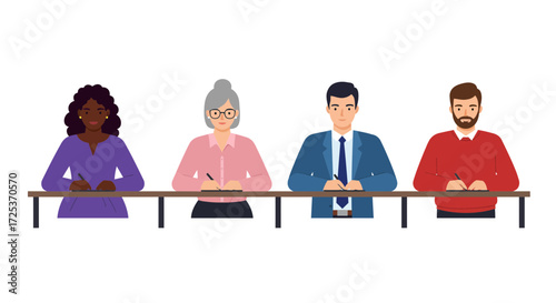 Diverse team members collaborating together, writing and working diligently at a table, representing teamwork and business success