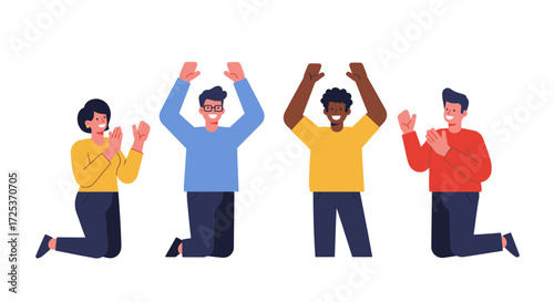 Diverse team celebrating success with raised hands and clapping gestures, conveying teamwork, joy, and achievement in a modern style