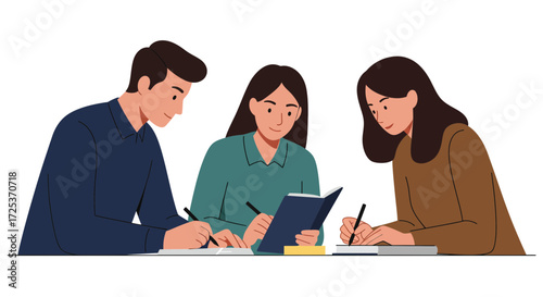 Three students collaborating on project, studying together, brainstorming ideas, and working on assignments, professional and modern illustration