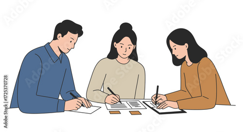 Three colleagues collaborating on project plans, focused and engaged in strategic teamwork, generating innovative ideas for future success