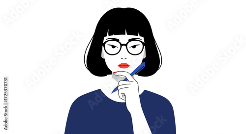 Thoughtful woman in glasses contemplating an idea while holding a pen, ideal for brainstorming and creative concepts