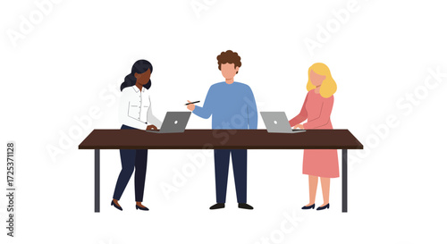 Dynamic team collaborating on laptops at sleek conference table, ideal for illustrating modern workplace collaboration and innovative business strategies