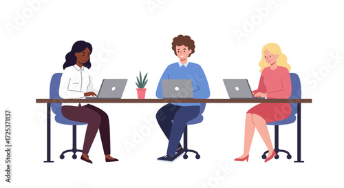 Diverse team collaborating online, working together on laptops, showcasing modern workplace culture and technology, promoting teamwork and business success