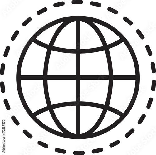 Black outline globe icon with dashed circle world earth