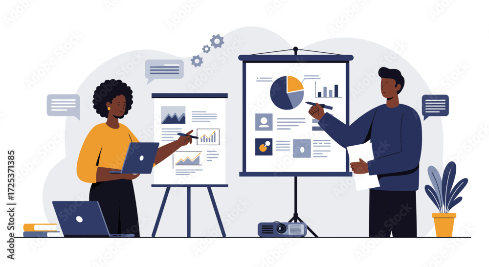 Fototapeta premium Dynamic business presentation showing diverse team collaborating on charts and data, ideal for corporate training or marketing materials, visually engaging content