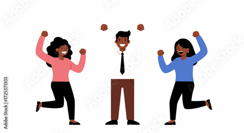 Dynamic diverse team celebrating success, joyful colleagues jumping with excitement after achieving goals, energetic vector illustration for business use