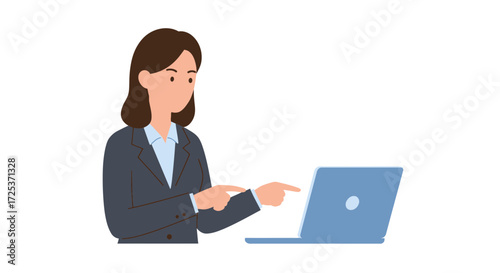Businesswoman analyzing data on laptop, presenting insights with confidence, perfect for corporate training, online courses, or leadership presentations today
