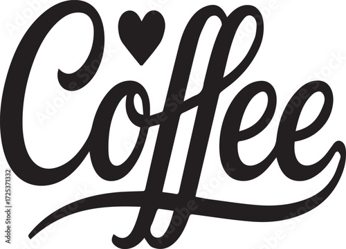 Black script lettering spelling coffee with a heart symbol above the letter i calligraphy