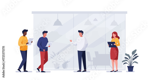 Dynamic team collaborating in modern office, planning strategy with tablets and documents, fostering innovation in a vibrant, productive workspace setting