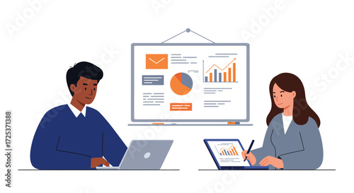 Dynamic team collaboration analyzing business data for strategic planning, driving growth, and achieving success with modern technology and innovative strategies
