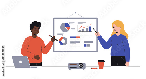 Dynamic diverse team delivers modern data-driven presentation with charts, graphs, and insights using collaborative tools for professional growth and success