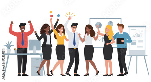 Successful diverse team celebrating business milestones in modern office, feeling motivated and energized by achieving goals, creating positive atmosphere