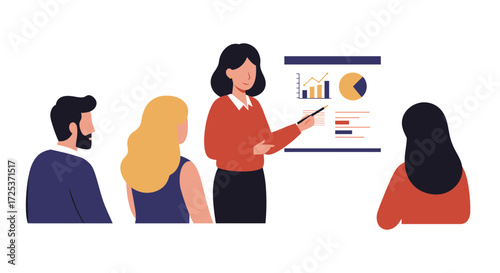 Dynamic business presentation showing data charts to diverse audience, ideal for corporate training, meetings, and successful marketing strategies
