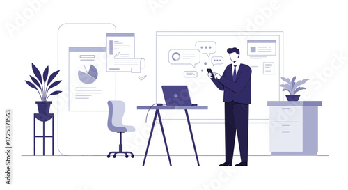 Professional businessman using smartphone in modern office, reviewing data charts, enhancing communication, and driving success with modern technology