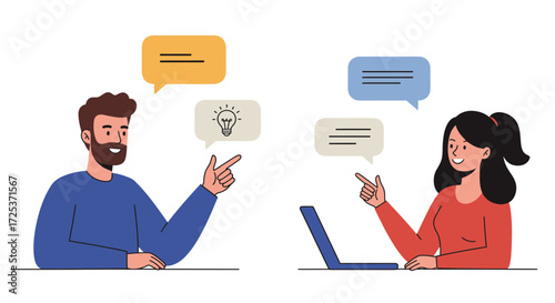 Dynamic brainstorming session with coworkers sharing innovative ideas and collaborating remotely on a laptop, fostering creativity and teamwork, modern communication