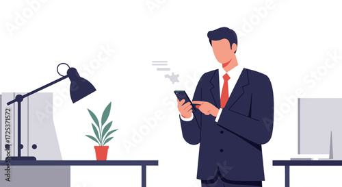 Professional businessman using smartphone in modern office, connecting with clients, managing business tasks, staying productive, digital solutions