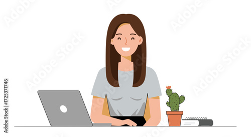 Cheerful young professional working from home with laptop and cactus, capturing modern work lifestyle and positive energy, adaptable illustration