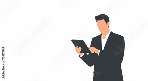 Professional businessman elegantly dressed, engaging with a tablet, perfect for corporate presentations or technology marketing, reflecting modern business trends