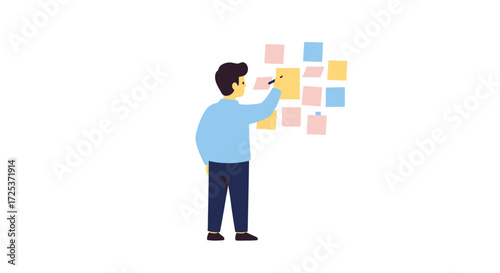 Creative professional brainstorming ideas with sticky notes, visualizing project plans, fostering collaboration and innovation for business success, modern